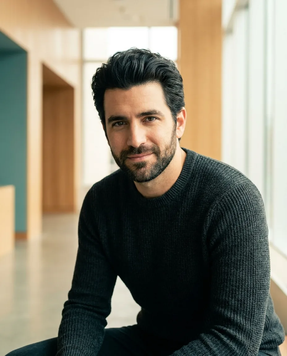 Confident man with a full head of healthy hair and groomed beard