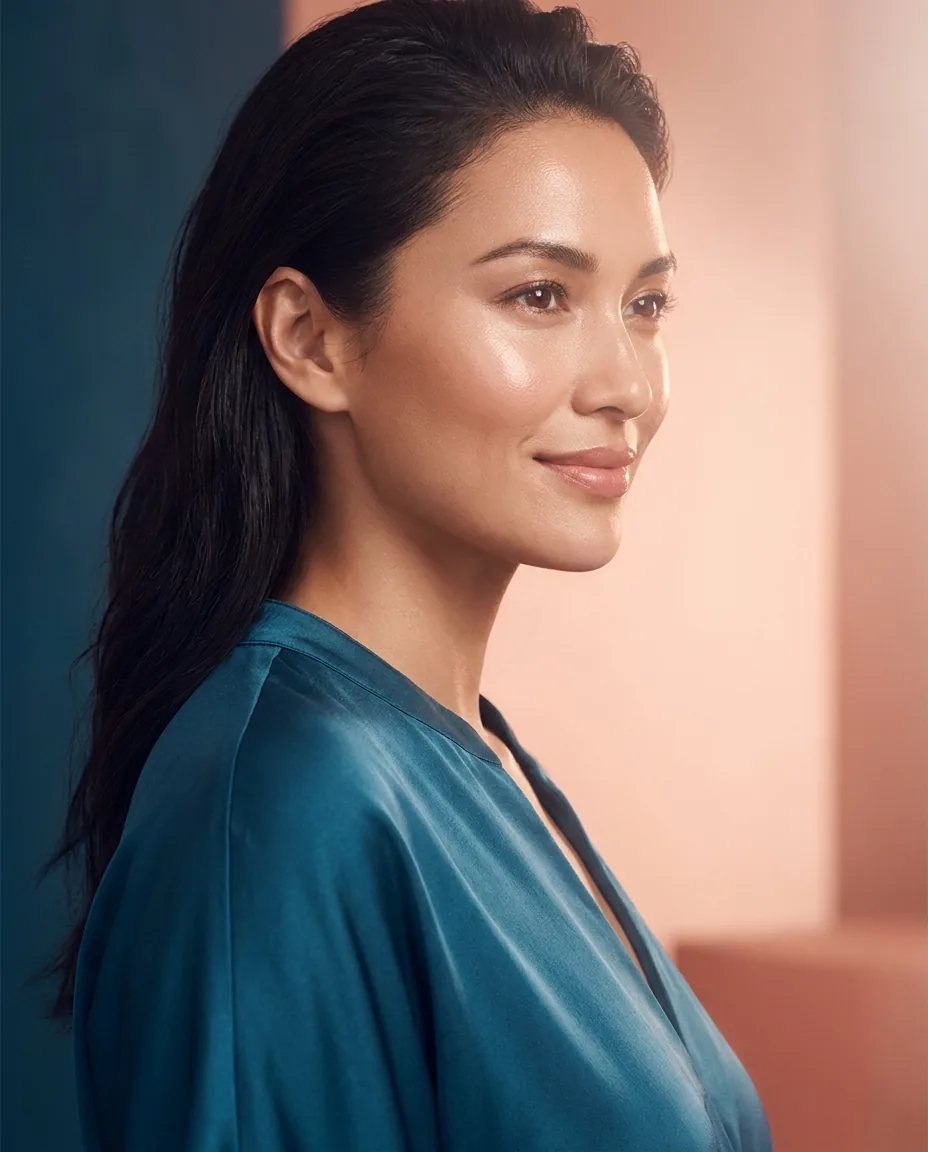 Elegant editorial three-quarter portrait of a woman with a refined natural nose