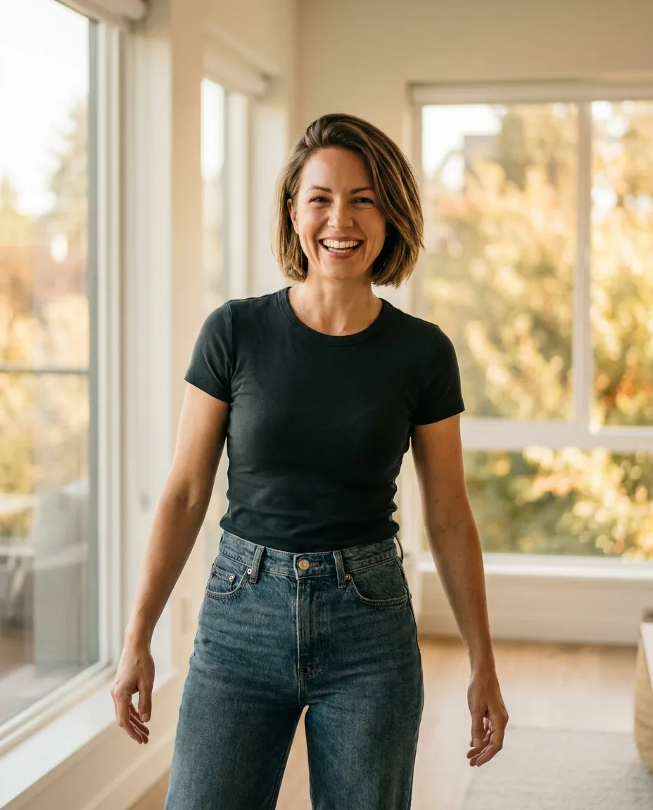 Joyful healthy woman after major weight loss, radiating confidence